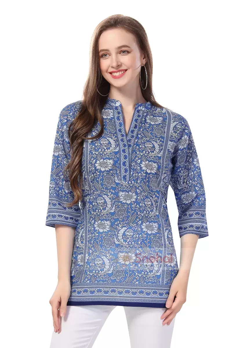 Short Tunic Floral Fantasy Blue Colour Printed Mandarin Collar Tunic 100 % Pure Cotton